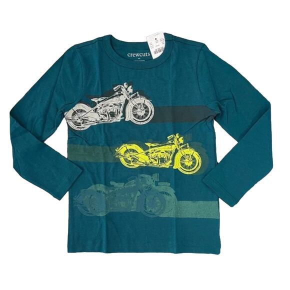 NWT J. Crew Boys' Aqua Green W/Motorcycle Graphic Long Sleeve Tee - Picture 1 of 10